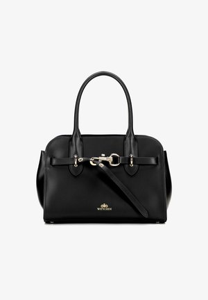 Borsa a tracolla in pelle nera con forma arrotondata, doppio manico, dettagli in hardware dorato e una fibbia frontale. Logo stampato in basso.