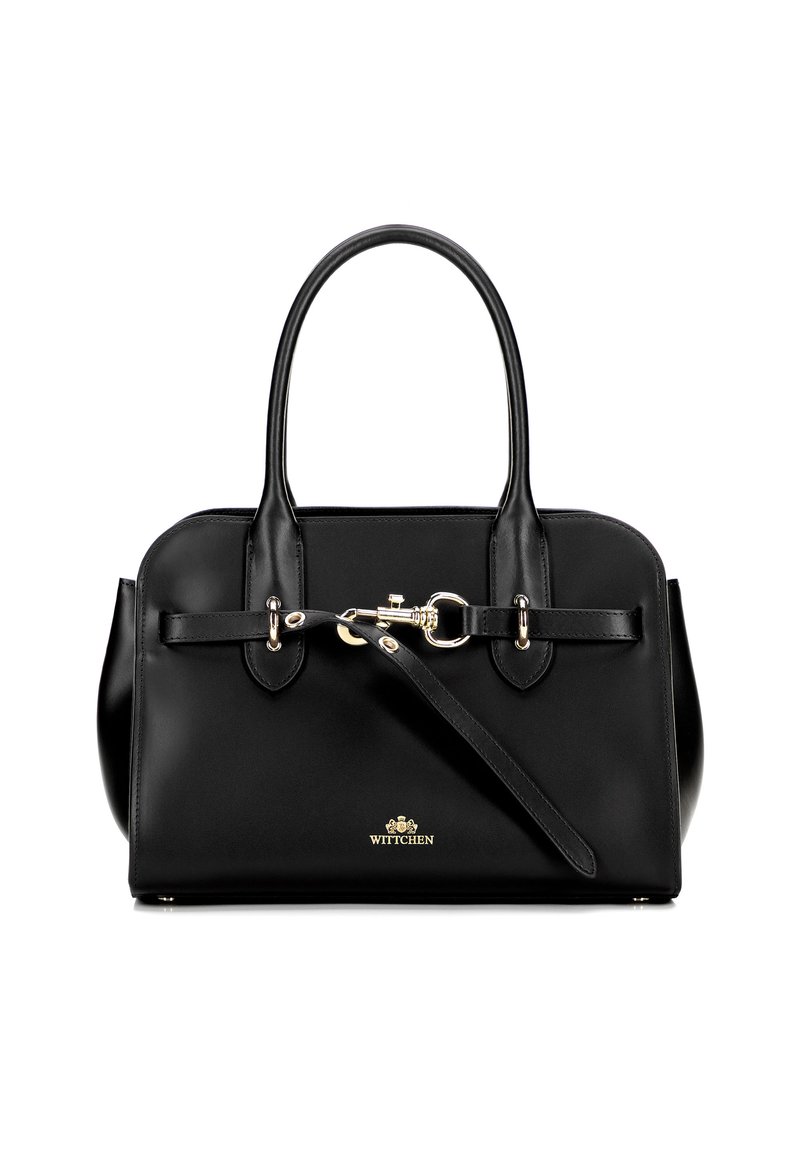 Borsa a tracolla in pelle nera con forma arrotondata, doppio manico, dettagli in hardware dorato e una fibbia frontale. Logo stampato in basso.