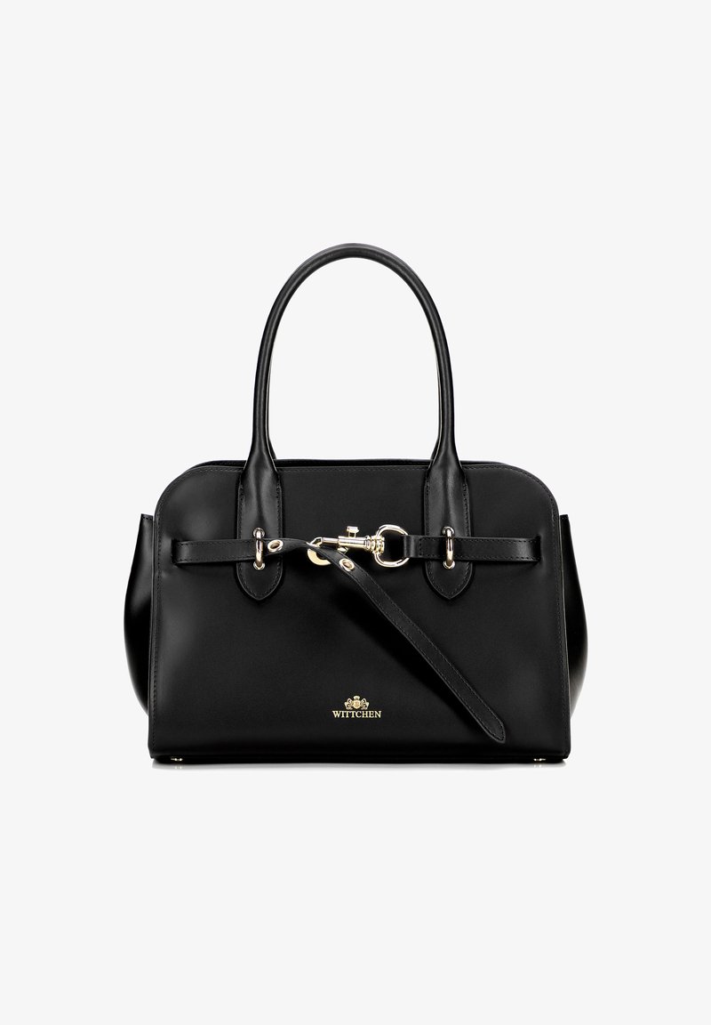 Borsa a tracolla in pelle nera con forma arrotondata, doppio manico, dettagli in hardware dorato e una fibbia frontale. Logo stampato in basso.