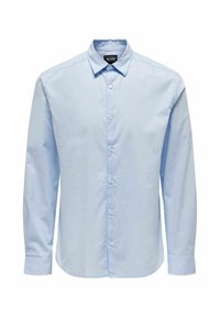 Camicia button-up a maniche lunghe di cotone di colore azzurro chiaro. Presenta un colletto classico, una chiusura frontale con bottoni e un orlo dritto.