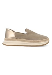 Slip-on sko lavet af lys brun ruskind med et metallic guld accent. Har en jute-indhyllet sål og en tyk, tekstureret gummisål.