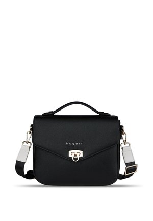 Schwarze Bugatti-Schultertasche mit Obergriff, verstellbarem weißen und schwarzen Riemen sowie goldfarbener Schnalle auf der Vorderklappe.