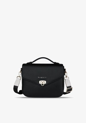 Schwarze Bugatti-Schultertasche mit Obergriff, verstellbarem weißen und schwarzen Riemen sowie goldfarbener Schnalle auf der Vorderklappe.