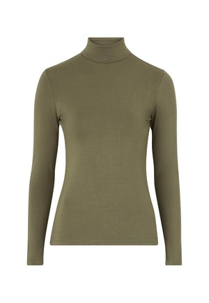 Olijfgroene langslieve coltrui gemaakt van een zachte, rekbare stof, met een getailleerd ontwerp en een gladde textuur. Geen patronen of accenten.