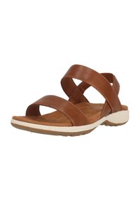 Sandales en cuir marron avec deux straps croisées, semelle intérieure en tan doux et une semelle en caoutchouc de couleur claire avec un motif texturé.