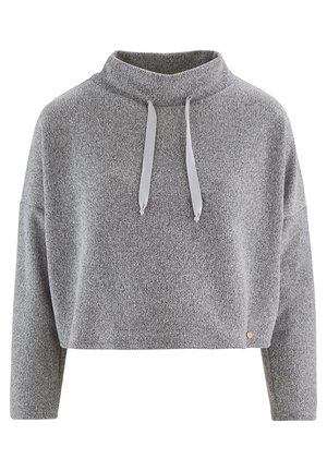 Cropped, gray sweater with a high collar, drawstrings, and long sleeves. Soft, textured fabric with a small logo detail at the hem.