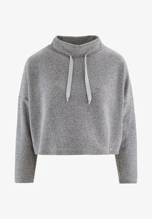 Geknipte, grijze trui met een hoge kraag, trekkoorden en lange mouwen. Zachte, gestructureerde stof met een klein logo-detail aan de zoom.