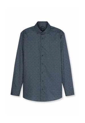 Donkerblauw overhemd met lange mouwen met een klein lichtblauw en wit geometrisch patroon, knoopsluiting vooraan en puntkraag.
