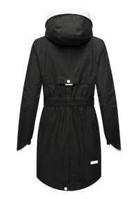 Black waterproof jacket with a white-lined hood, elastic waist, long sleeves, and a rounded hem. Features a snap button closure on the back.