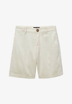 Shorts beige longueur genou avec fermeture à bouton, passants pour ceinture et poches latérales, présentés à plat sur fond blanc.
