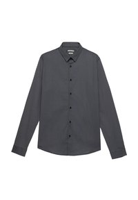 Camicia a maniche lunghe grigio scuro, con bottoni, realizzata in un tessuto a fantasia. Presenta un colletto classico e bottoni neri lungo la parte anteriore.