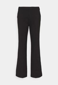 Pantalon noir à jambes droites avec passants pour ceinture, poches avant et taille mi-haute sur un fond blanc uni.