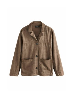 Veste en daim marron à boutons, manches longues, col cranté et deux poches plaquées à l'avant.