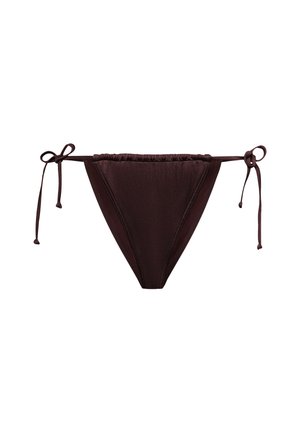 Bikini-Unterteil in Dunkelbraun, aus glattem Stoff gefertigt. Verfügt über Kordelzüge an jeder Seite und ein dreieckiges Schnittmuster.