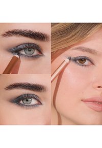 Tre immagini illustrano il trucco degli occhi utilizzando una matita eyeliner marrone. Le caratteristiche includono ombretto grigio scuro, sopracciglia definite e occhi blu-grigi vibranti.