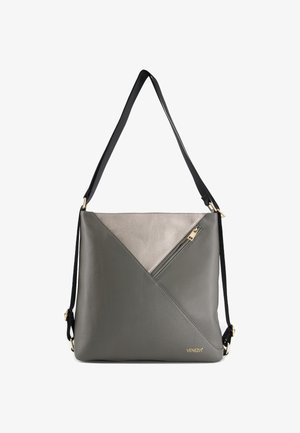 Gray leather handbag with a diagonal design featuring a metallic gold zipper, black strap, and a contrasting light gray panel.