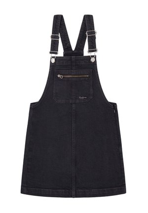 Sort denim overallkjole med justerbare skulderstropper, frontlomme med lynlås og lige kant.