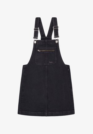 Sort denim overallkjole med justerbare skulderstropper, frontlomme med lynlås og lige kant.