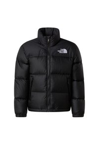 Geacă neagră tip puf cu guler înalt, fermoar frontal și manșete elastice. Prezintă panouri matlasate și un logo pe pieptul stâng.