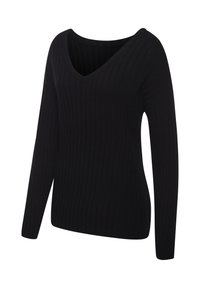 Schwarzer Pullover mit langen Ärmeln und V-Ausschnitt, mit gerippter Textur und figurbetontem Design. Hergestellt aus glattem, dehnbarem Material.