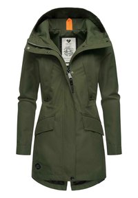 Olijfgroene parka jas met een rits aan de voorkant, verstelbare capuchon, twee grote voorzakken en een binnenvoering met een grafisch ontwerp.