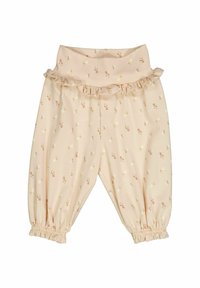 Jasnoróżowe spodnie wykonane z miękkiego materiału, z falbaniastym paskiem w talii i kwiatowym wzorem z małymi kwiatami, zakończone elastycznymi mankietami.