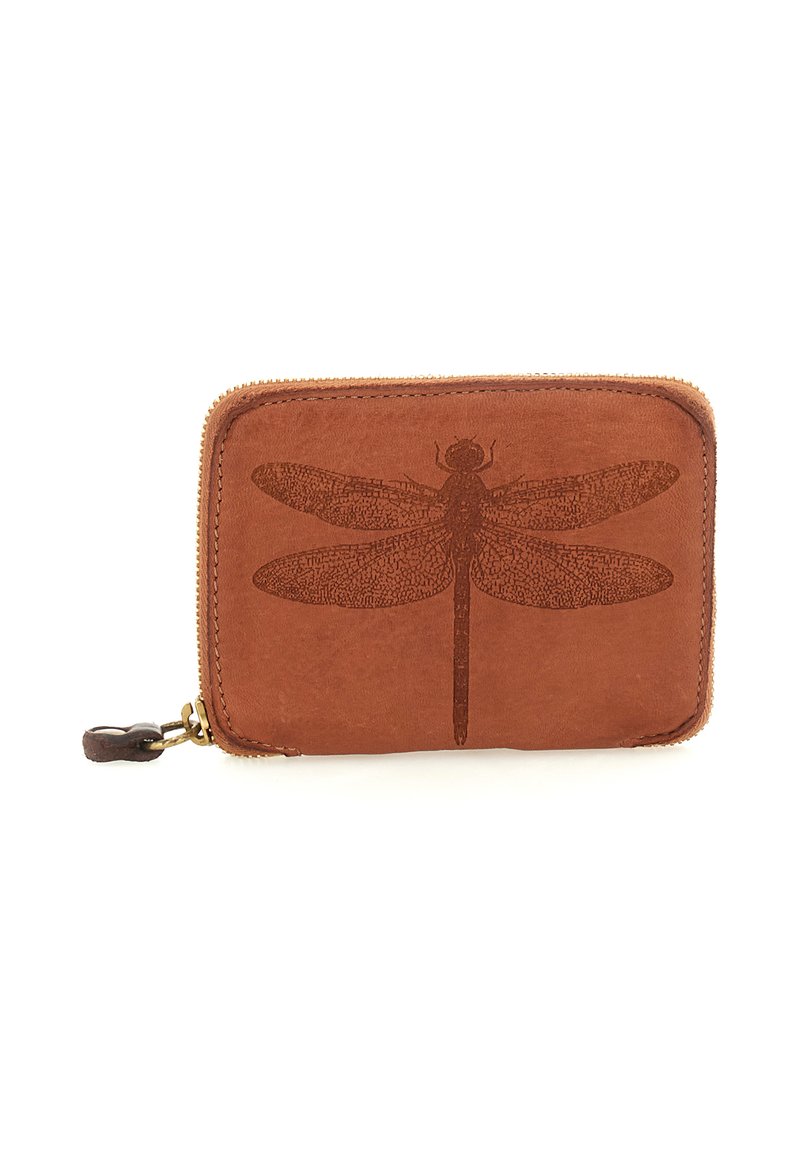 Portafoglio in pelle marrone con cerniera, con un dettagliato design di una libellula in rilievo al centro della parte anteriore.