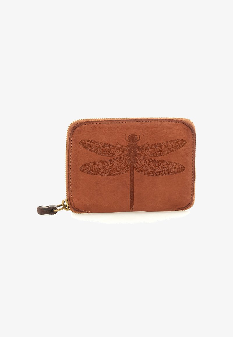 Portafoglio in pelle marrone con cerniera, con un dettagliato design di una libellula in rilievo al centro della parte anteriore.