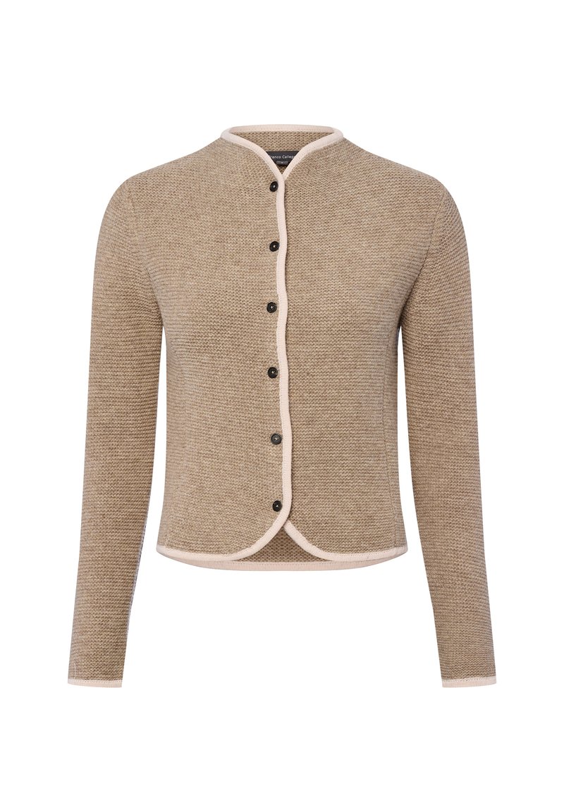 Beige gestrickte Strickjacke mit Rundhalsausschnitt, kontrastierender cremefarbener Einfassung und schwarzen Knöpfen vorne. Lange Ärmel mit lässiger Passform.