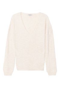 Cremefarbener, locker sitzender Pullover mit tiefem V-Ausschnitt, gerippten Bündchen und weicher Textur. Das Design zeichnet sich durch lange Ärmel und eine entspannte Silhouette aus.