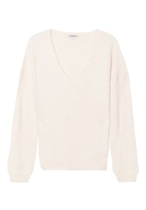 Cremefarbener, locker sitzender Pullover mit tiefem V-Ausschnitt, gerippten Bündchen und weicher Textur. Das Design zeichnet sich durch lange Ärmel und eine entspannte Silhouette aus.