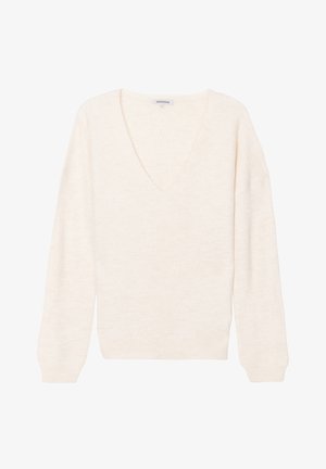Cremefarbener, locker sitzender Pullover mit tiefem V-Ausschnitt, gerippten Bündchen und weicher Textur. Das Design zeichnet sich durch lange Ärmel und eine entspannte Silhouette aus.