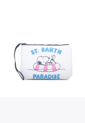 Witte etui met rits en polsbandje met Snoopy en Woodstock in een roze gestreepte zwemband, met blauwe tekst "St. Barth Paradise".