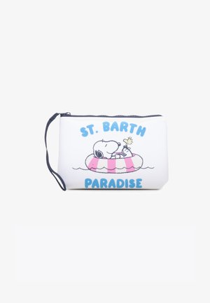 Trousse blanche zippée avec bracelet-poignet, présentant Snoopy et Woodstock sur une bouée rayée rose, avec le texte « St. Barth Paradise » en bleu.