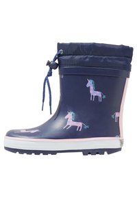 Marinblå gummistövlar för regn med rosa detaljer och mönster av en enhörning. Har en dragsko upptill och en texturerad sula för bättre grepp.