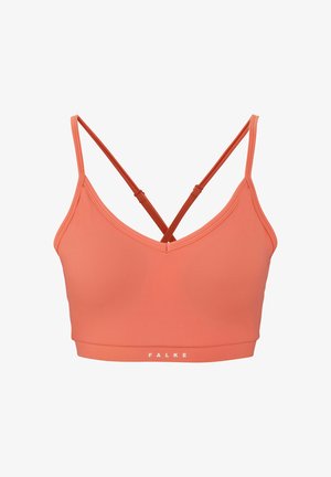Koraal sportbeha gemaakt van rekbaar materiaal. Heeft dunne, verstelbare banden met een kruisdesign en een FALKE-logo op de onderste band.