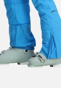 Blaue Skihosen mit Reißverschlüssen und elastischen Bündchen, kombiniert mit hellgrünen Skistiefeln, die ein strukturiertes Muster und metallische Schnallen aufweisen.