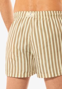 Randiga badbyxor i ljusbeige med bruna vertikala ränder, med resårmidja och en liten etikett på baksidan.