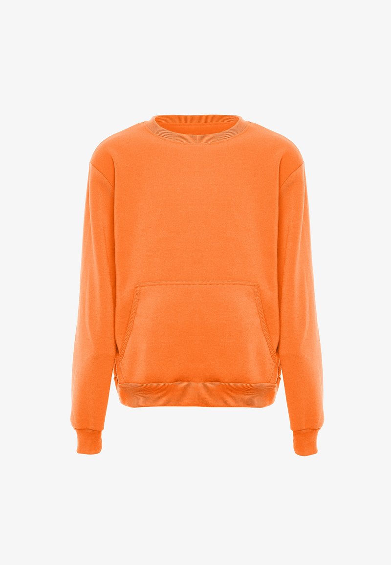 Felpa arancione con maniche lunghe, collo rotondo e tasca a marsupio frontale. Presenta polsini e orlo a costine, realizzata in tessuto morbido.