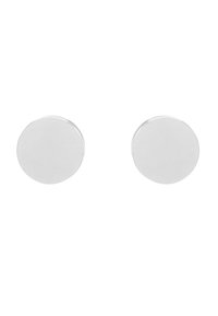 Orecchini a perno circolari in argento con una finitura liscia e lucida e senza decorazioni visibili, caratterizzati da un design minimalista.