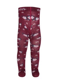 Maroon tights featuring a floral pattern in shades of pink and teal. The fabric is smooth with a snug fit, finished with a reinforced toe.