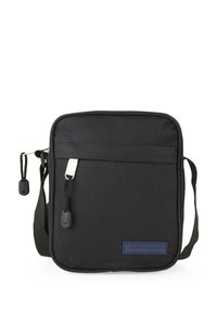Bolso cruzado de tela negra con forma rectangular, cierre de cremallera, correa ajustable y un logo azul "TEMPO" en la parte frontal.