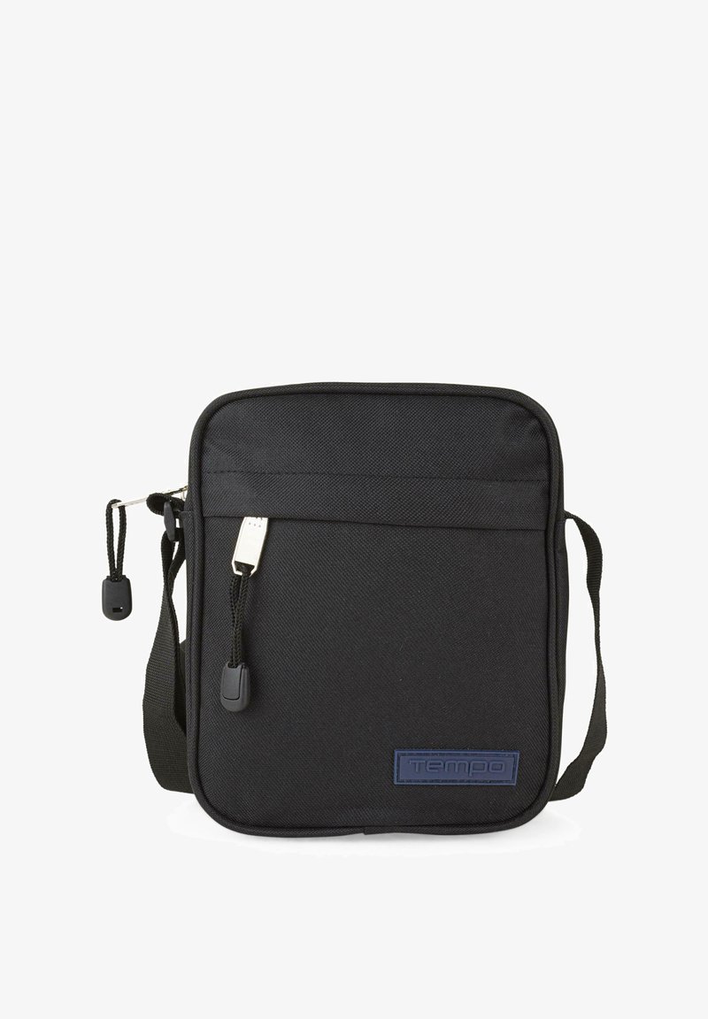 Bolso cruzado de tela negra con forma rectangular, cierre de cremallera, correa ajustable y un logo azul "TEMPO" en la parte frontal.