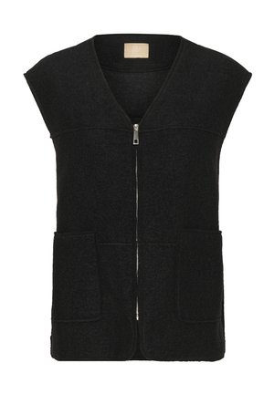 Crni bezrukavni vuneni prsluk s prednjim zipom i dva velika prednja džepa, s V-izrezom i strukturiranim ramenima.