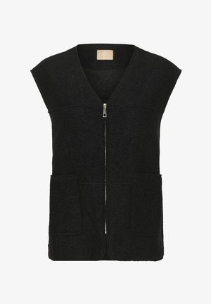 Black sleeveless wool vest with front zipper and two large front pockets, featuring a V-neck and structured shoulders.