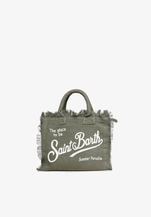 Borsa tote in tessuto verde oliva con bordi sfrangiati e scritta bianca "The place to be Saint Barth Summer Paradise."