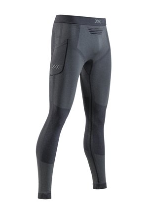 Donkergrijze naadloze sportleggings met textuurpanelen, een zijzak en logo op zak en tailleband.