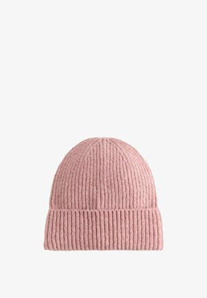 Soft pink ribbed knit beanie hat with folded cuff, designed for warmth and casual wear.