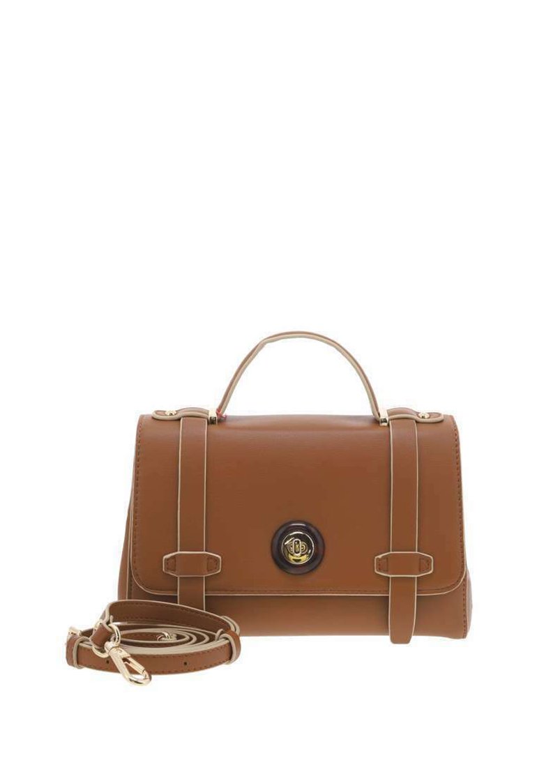 Sac à main en cuir brun avec quincaillerie dorée, forme structurée, poignée supérieure et bandoulière amovible ; présente des accents cousus et un logo.