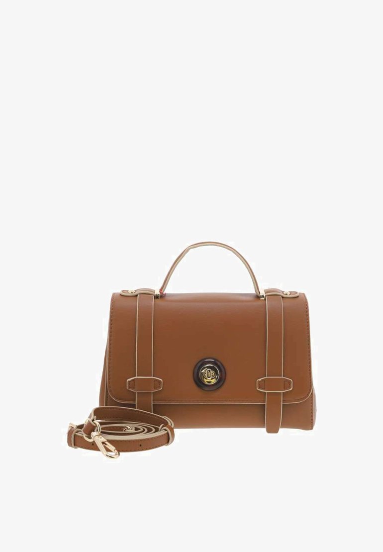 Sac à main en cuir brun avec quincaillerie dorée, forme structurée, poignée supérieure et bandoulière amovible ; présente des accents cousus et un logo.